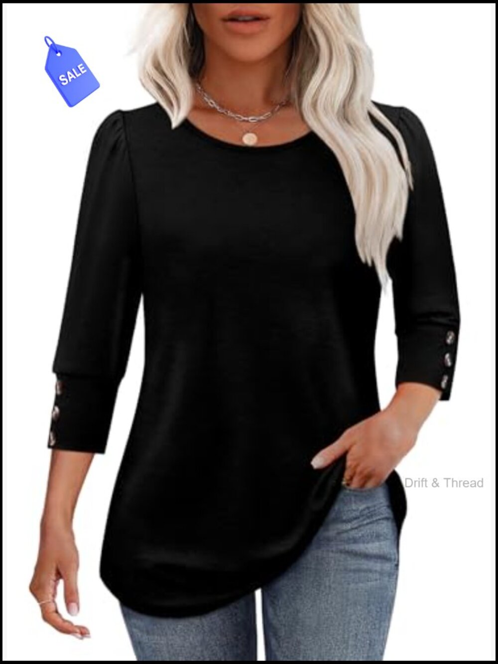 Womens 3/4 Sleeve Button Blouse Dressy Casual Tunic Top - Picture 2 of 7